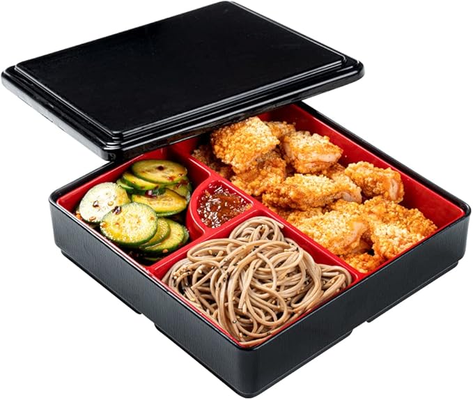 Restaurantware-8.3 x 2.2 Inch Compartment Lunch Container, 1 Japanese Style Adult Lunch Container - With 4 Compartments, Greaseproof, Black & Red Plastic Divided Lunch Box, For Hot & Cold Food