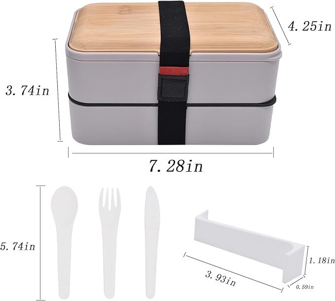 1200ML Bento Boxes, Japanese Lunch Boxes, 2 Stackable Food Containers,for Adults, Men&Women, with Nylon Sealing Strap,Built-In Reusable Cutlery,BPA Free,Bamboo Lid,Microwave Safe (GREY)