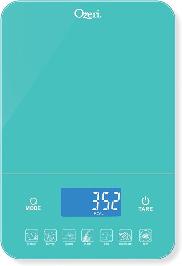 Ozeri Touch III 22 lb (10 kg) Digital Kitchen Scale with Calorie Counter in Tempered Glass, Teal Blue