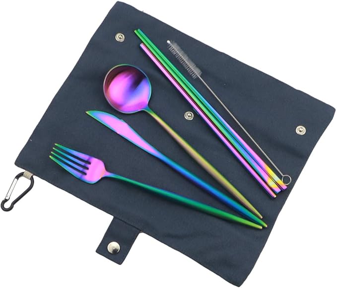 Reusable Travel Utensils, 7 Piece Portable 304 Stainless Steel including Knife Fork Spoon Chopsticks Cleaning Brush Straws Portable Pouch, Eco-friendly Camping Silverware Set, Dishwasher Safe