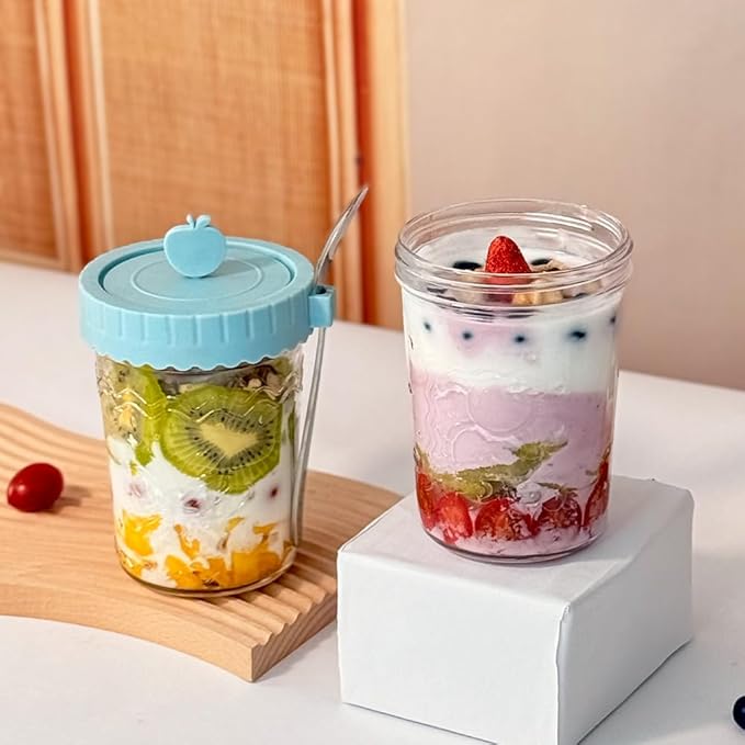 20 OZ Glass Overnight Oats Containers with Lids and Spoons, 4 Pack Wide Mouth Glass Mason jars with Airtight Lids, Meal Prep Jars for Fruit, Cereal, Yogurt, Fridge Dishwasher Safe (Blue)