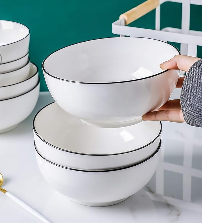 Hesen 40 Ounce Large Soup Bowls, Large Cereal Bowls, Large Pho Bowls, Durable Porcelain Rimmed Off-White Bowls Set of 4, 7 Inch
