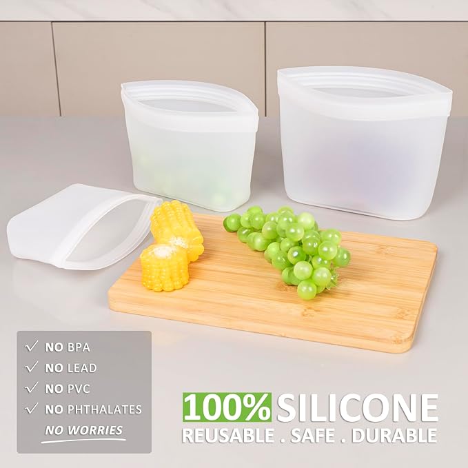 Reusable Silicone Food Storage Bags - 100% Food Grade BPA-Free, Freezer/Microwave/Dishwasher Safe | Stand-Up Zip Closure, Leakproof Eco-Friendly Meal Prep Containers (3 Pack)