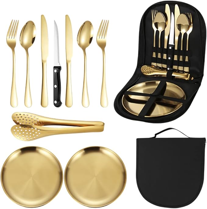 10pcs Set Of Portable Knife, Fork, Spoon, Plate, Steak Clip Set, Camping Picnic, 2 person Tableware Package, Outdoor Stainless Steel Tableware Set