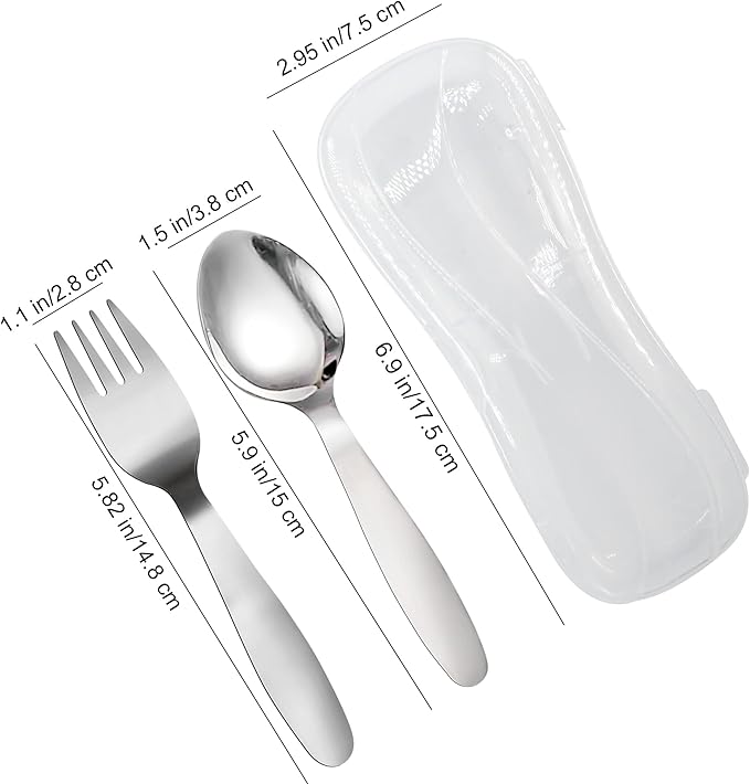 VANRA 2 Pieces Children Fork Spoon Set with Travel Case for Lunch Box, 18/8 Stainless Steel Kids Silverware Flatware Set Kids Utensil Set for School, 5.9in (Fork Spoon)