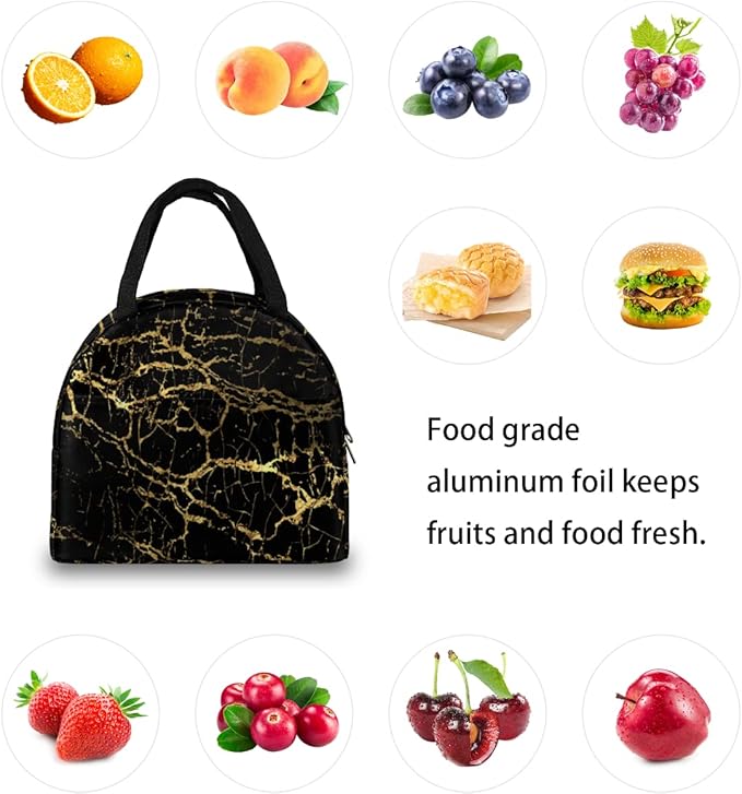 Insulated Lunch Bag for Women Men Golden Marble Texture Waterproof Thermal Tote Bag Reusable Lunch Box Container Lunch Holder Leakproof Lunch Cooler Bag Picnic Travel Work