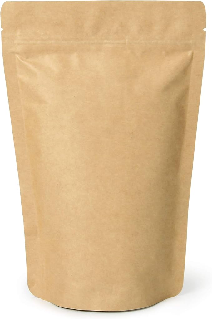 250g / 8oz / ½lb Kraft Paper Stand Up Coffee Bag Pouch. Round Bottom, Zip Lock, Degassing Valve and Heat Seal-able. Pack of 10