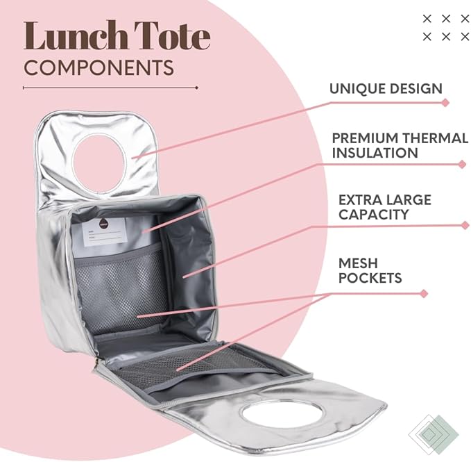 Designer Insulated Lunch Bag, Silver, Reusable Cooler Tote for Food & Drinks, Perfect for Women, Men, Boys, Girls, Stylish for kids ages 3+ (Silver)