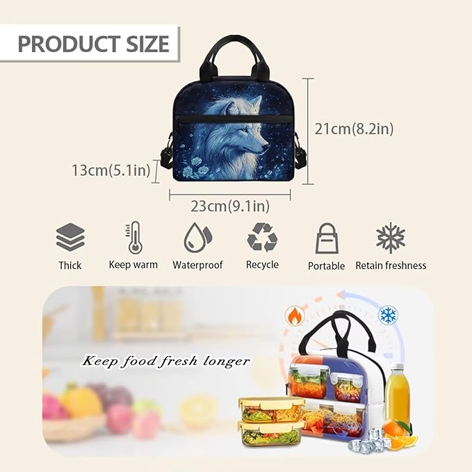 Showudesigns Wolf Lunch Bag for Boys 8-12 12-16 Insulated Lunch Box Teen Girls Lightweight Lunch Containers for School Work Office Shopping Travel Cooler Tote Bags School Supplies