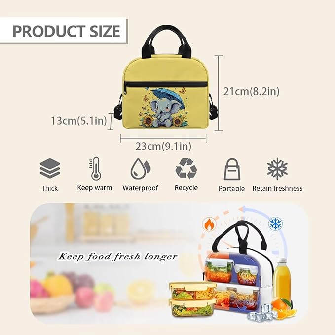 Showudesigns Sunflower Elephant Insulated Lunch Bag for Girls 10-12 Lunch Box Lightweight Lunch Containers for School Work Office Travel Picnic Lunch Tote Box Thermal Meal Containers