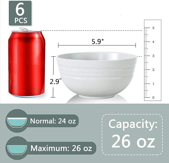 【NOT CERAMIC】Unbreakable Cereal Bowls, 25 OZ Wheat Straw Bowls Microwave and Dishwasher Safe BPA-Free Eco-Friendly Bowl Beige Color for Cereal, Serving ,Soup, Oatmeal, Pasta and Salad(Set Of 6)