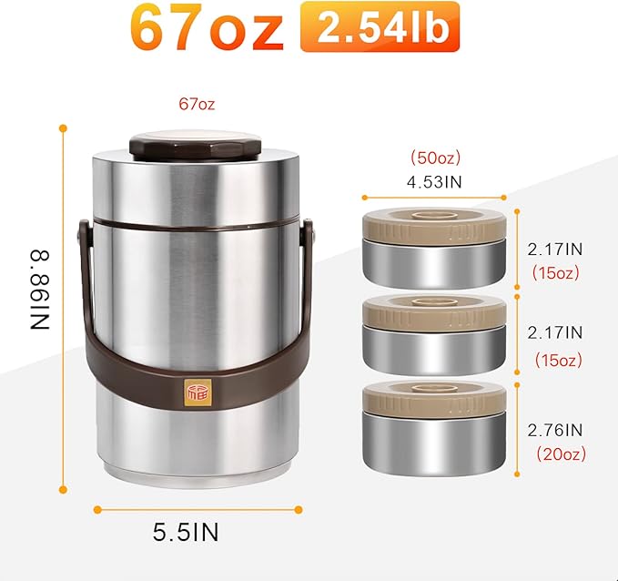 67 oz Adults Stainless Steel Vacuum Insulated Wide Mouth Soup Food Thermo Hot Food Jar with Keep Thermal Portable 3 Tier Stackable Bento Hot Food Containers Lunch Boxes (67 oz Silver)