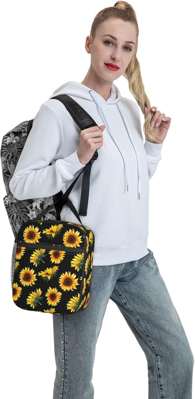 YETTA YANG Sunflower Flower Floral Black Portable Lunch Bag Insulated Lunch Box Reusable Totes For Women Men Work Picnic Camping