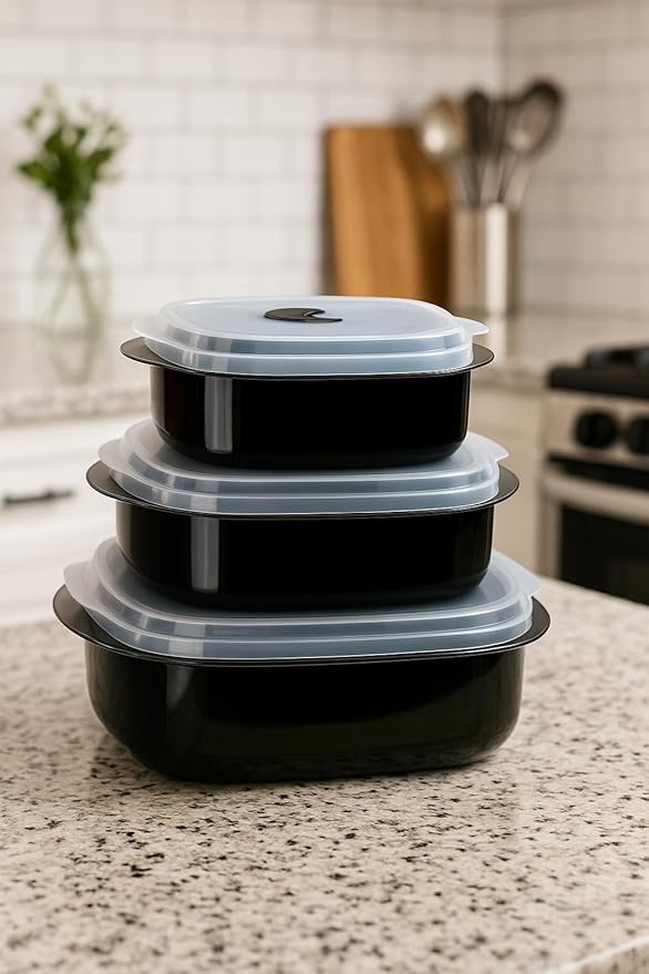 Calypso Basics by Reston Lloyd 6-Piece Microwave Cookware, Steamer and Storage Set, Black