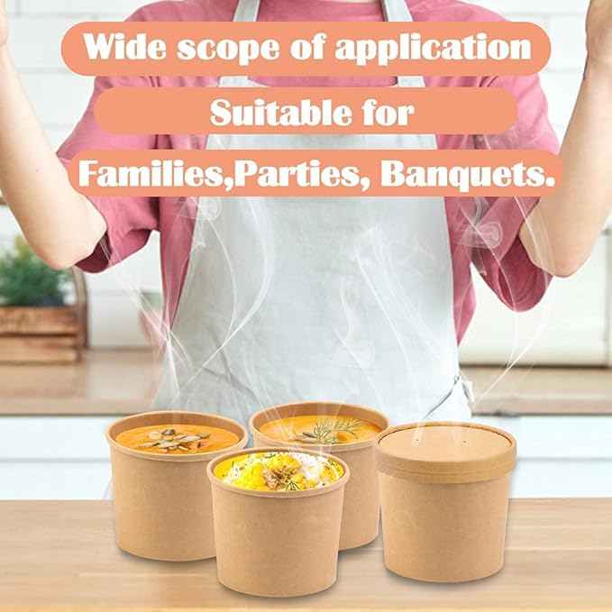 8 oz 25 pack Paper Soup Cup Disposable, Paper Food Containers with Lids, Kraft Ice Cream Container for Soups, Stews, Ice Creams, Sorbet and Salads