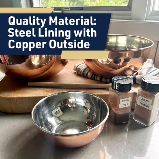 Kings County Tools Copper Mixing Bowls - 3 Piece Bowl Set for Cooking, Baking, Serving, and Prepping - Copper Stainless Steel Mixing Bowls - Nesting Bowls - Kitchen Essentials