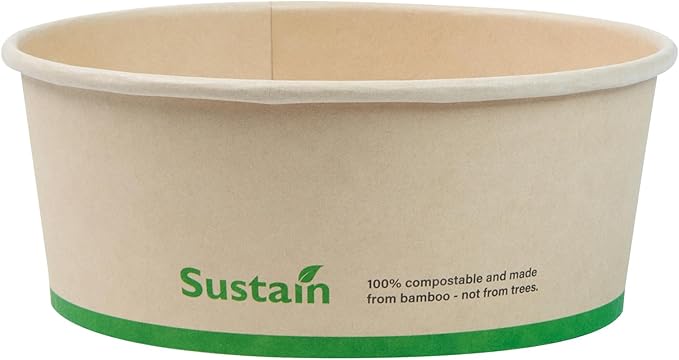 Restaurantware-Sustain 25 Ounce Sturdy Paper Take Out Boxes, 50 Round Take Out Food Containers - With PLA lining, Compostable, Bamboo Paper Containers, Disposable, Greaseproof