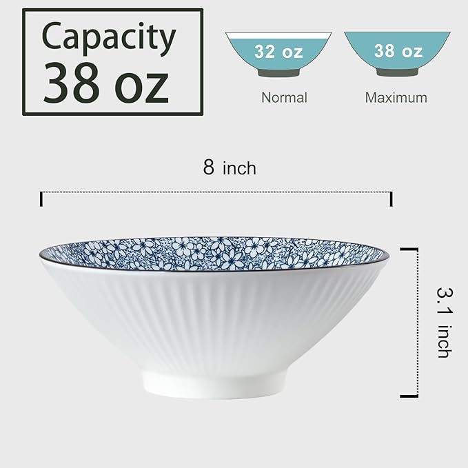 38 oz Japanese Ramen Bowl Set of 4 - Large 8 Inch Ceramic Soup Bowls, Blue and White Japanese Noodle Bowls for Pho, Ramen, and Cereal - Cherry Blossom Floral Patterns