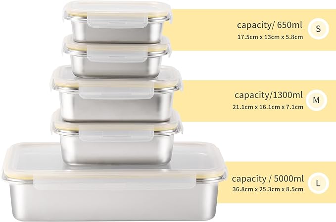18/8 Stainless Steel Food Storage Containers, Meal Preparation Container Set, Baking Pan, Leak Proof Stackable Light and Easy Storage, Metal Set of 5 (2PC 21oz/2PC 43oz/1PC 169oz)