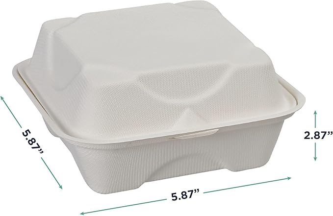 Eco-Products Compostable Vanguard 6" Clamshell Sandwich Containers, Case of 500, To Go Food Burger Box, White Renewable Molded Fiber, Grease Resistant, No-Added PFAS, ASTM Compliant, BPI-Certified