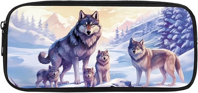 Dolyues Wolf Pattern Bookbag Backpacks Casual Daypack with Lunch Bag Pencil Case Set 3 Piece Backpack Set for Pre-School Girls & Boys Cool Kids 17" School Bag