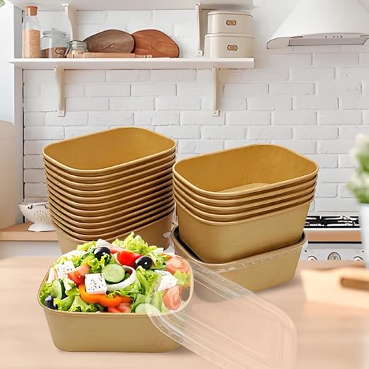 50 Pack Paper Meal Prep Containers with Lids, 20 oz Disposable and Compostable Take out Food Containers Rectangular to Go Kraft Paper Bowls for Leftovers, Salad, Soup, Snack
