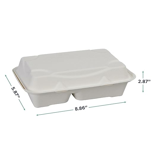 ECO PRODUCTS Compostable Vanguard 9"x6" Clamshell To Go Containers, Case of 250, 2 Compartment, Take Out Food Box, White Renewable Molded Fiber, No-Added PFAS, ASTM Compliant, BPI-Certified