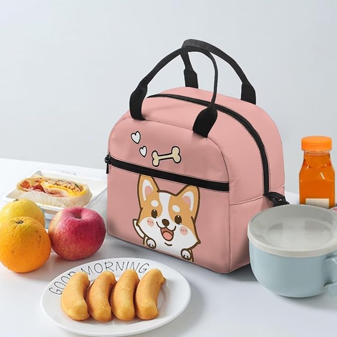 Showudesigns Cute Corgi Lunch Bags for Girls 8-10 10-12 Insulated Lunch Box Travel Bag Picnic Container Thermal Meal Tote Kit With Thick Handle Crossbody Bag Lunchbox Bento Pink