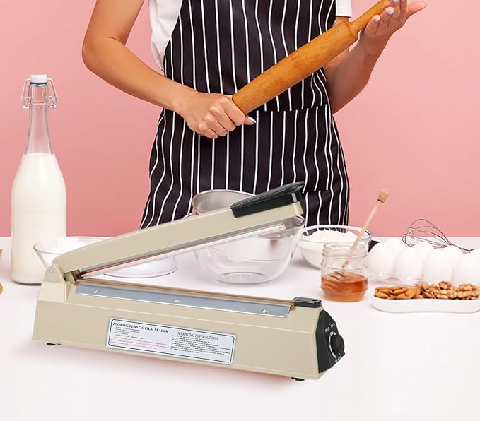 12 Inch Impulse Heat Sealer Manual Bags Sealer Sealing Machine Poly Bag Heat Sealer Heating Closer for Plastic PE PP Foil Bags Home Restaurant Food Storage with Extra Replace Element(Beige)