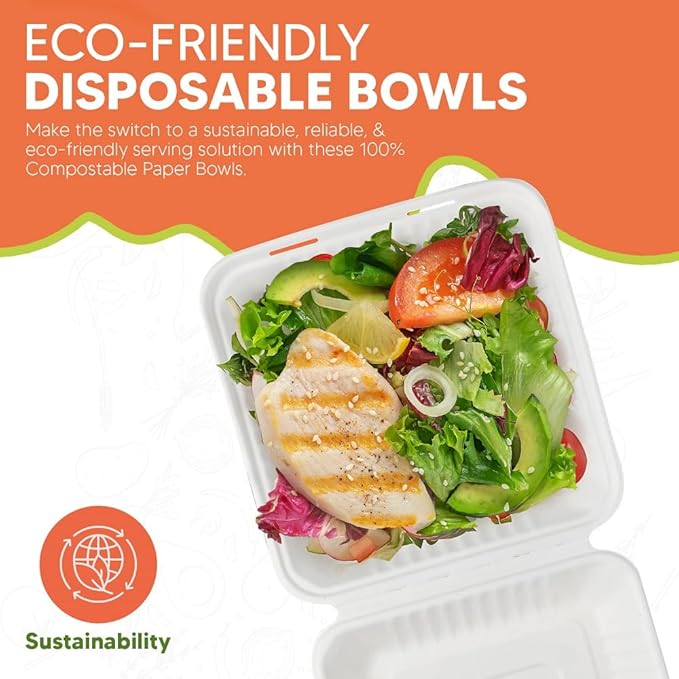 Compostable Clamshell Food Box with Lid (8x8 inch) 150-Pack | Disposable Plates | Made of Biodegradable Sugarcane Bagasse | Heavy-Duty Eco-Friendly Takeout Containers | Natural White