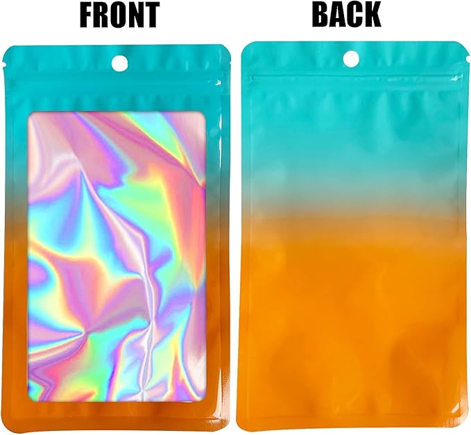 100 Pieces Resealable Mylar Bags, Smell Proof Bags with Clear Window for Food Storage Party Favor Packaging Small Business(Green&Orange, 3×4.7 Inch)