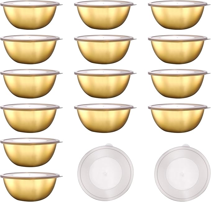 14 Pack 6.69 inches Gold Mixing Bowls with 16 Pcs Airtight Lids Stackable Stainless Steel Soup Bowls Versatile Mixing Bowls Metal Fruit Salad Bowls Round Serving Bowl for Kitchen Cooking Supplies