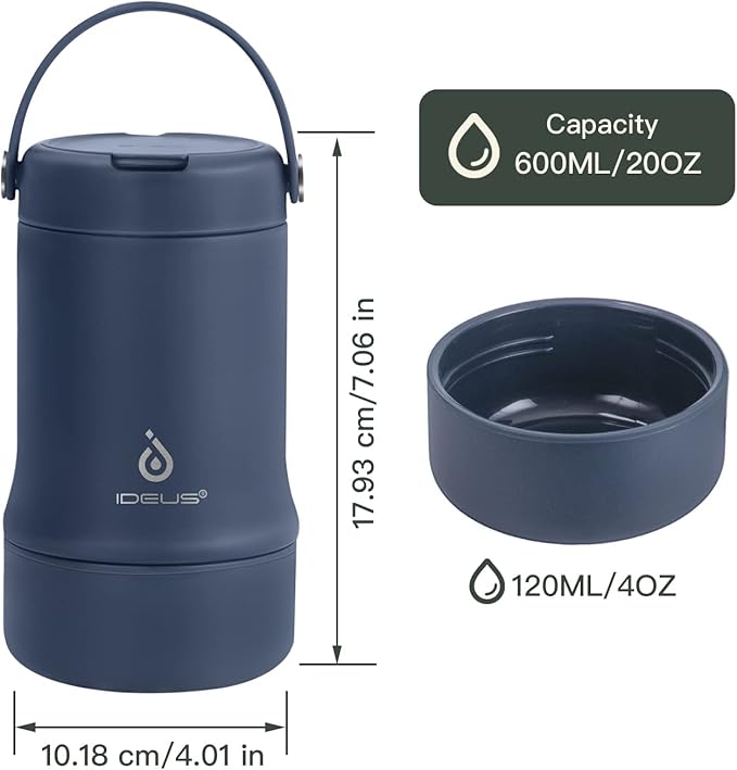 Ideus 20 oz Insulated Soup Thermo with Foldable Spolk and Bowl, All-in-one Stainless Steel Vacuum Thermal Food Jar for Lunch, Leakproof Bento Lunchbox Portable Soup Container, Navy Blue