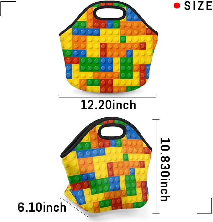 Kids Lunch Box for Boys Girls Colorful Building Blocks Insulated Neoprene Children Lunch Bags Sturdy Soft Bag & Reusable Cooler Lunch Thermal Meal Tote Kit for School