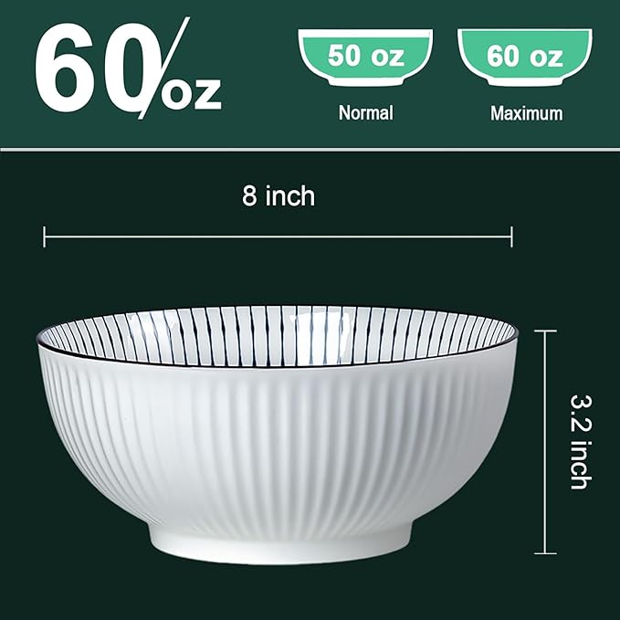 QINLANG Large Soup Bowls, Pho & Ramen Set of 3, 60 oz Blue & White Porcelain Big Bowls - Striped Pattern