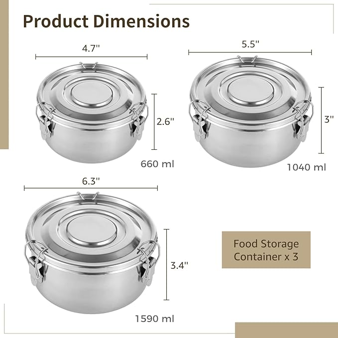 3 PCS Bento Box Set, 304 Stainless Steel Leak-Proof Food Storage Containers, Dishwasher Safe Lunch Boxes, Round Airtight Stainless Steel Containers, 660 ML 1040 ML 1950 ML Sizes