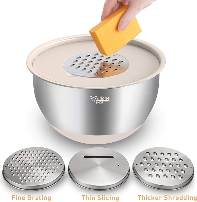 Wildone Mixing Bowls with Lids Set, 5PCS Stainless Steel Khaki Nesting Bowls with 3 Grater Attachments, Measurement Marks & Non-Slip Bottoms, Size 5, 3, 2, 1.5, 0.63 QT, Great for Mixing & Serving