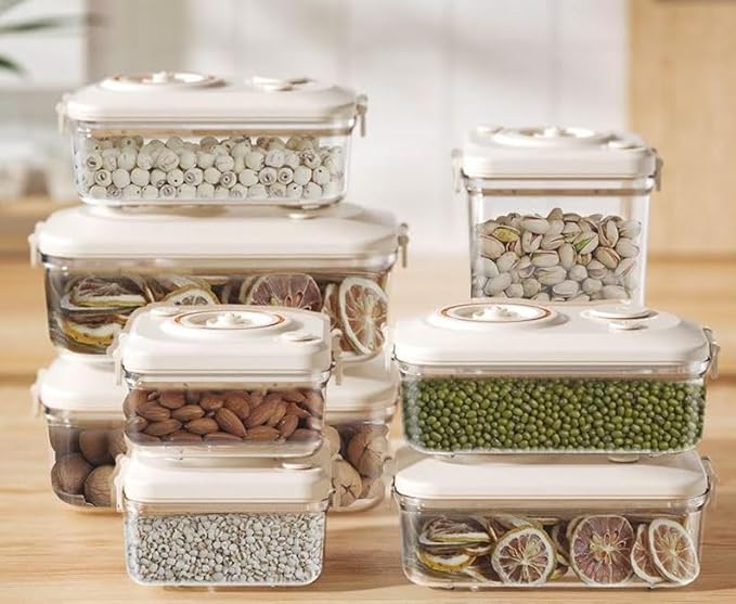liviware home & kitchen Vacuum Seal Containers - Preserve Freshness with Time Dial, BPA-Free, Microwave-Safe - 2-Piece Set (5.1 Cups + 8.9 Cups Rectangular), White, liv01