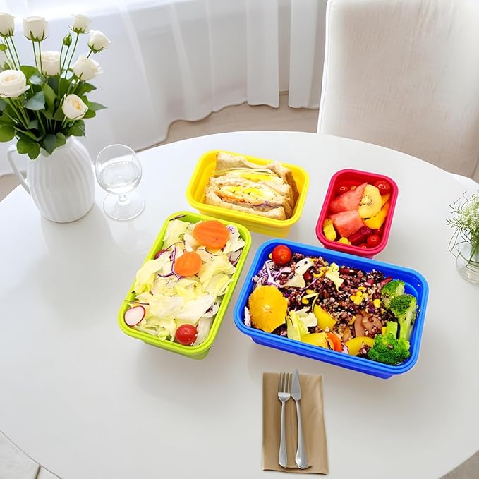 Set of 4 Collapsible Silicone Food Storage Containers With Lids,Leftover Meal Box For Kitchen, Microwave,Dishwasher and Freezer Safe, Foldable Bento Lunch Boxes, BPA Free