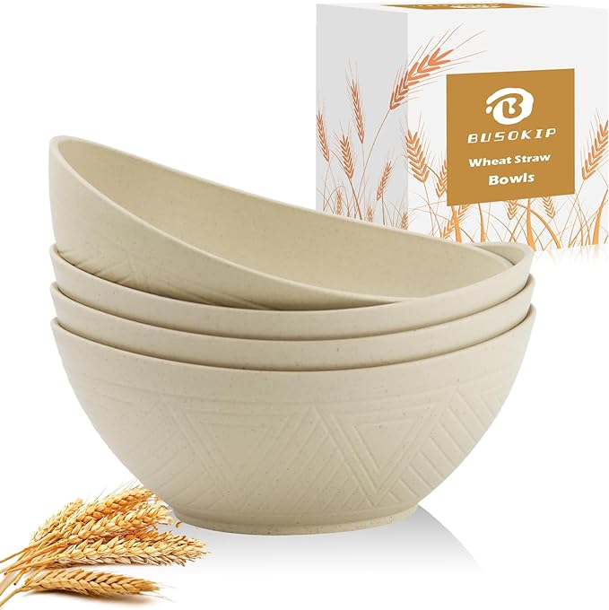 Large Bowls 65 OZ Wheat Straw Bowls Set of 4, Unbreakable Salad Bowl, Microwave & Dishwasher Safe, Kitchen Serving Bowl for Salad, Cereal, Soup and Oatmeal (Beige)