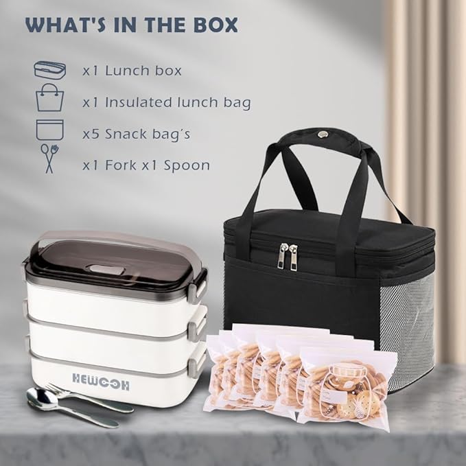 HEWOOH Large Bento Box Adult Lunch Box (74 Oz Large Capacity), Reusable, Including Lunch Bag, Fork And Spoon, 3 Dividers, Suitable For Work, Picnic, Dishwasher And Microwave Safe.(White)