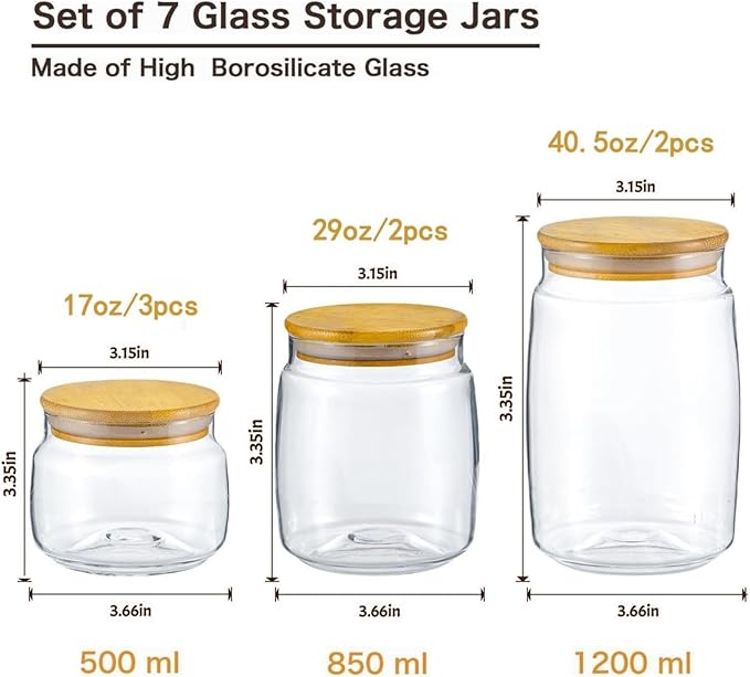Glass Food Storage Jars with Lids, (40.5oz/29oz/17oz), 7 Packs Hand Blown Glass Storage Containers with Lids,Father's Day Gifts