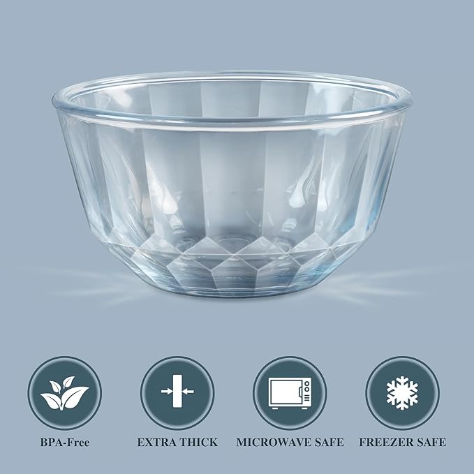 Freshmage 6 Pack Soup/Cereal Bowl Set, Extra Thick and Anti Resistant, 16oz Round Glass Diamond Cutting Kitchen Bowls, Microwave/Freezer/Dishwasher safe
