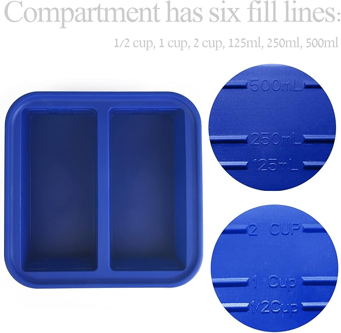 2 Cup Silicone Freezer Tray with Lid - 1 Pack - Make 2 Perfect 2-Cup Portions - Easy Release Molds for Food Storage & Freeze Soup, Broth, Stew or Sauce