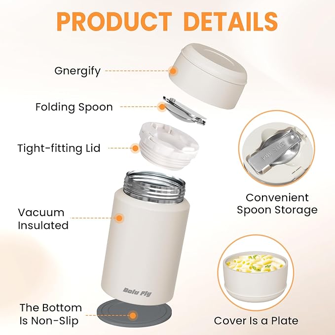 2 Pack Soup Thermo for Hot & Cold Food for Adults, Insulated Food Jar, Stainless Steel Vacuum Thermal Lunch Box Containers with Carry Bag and Spoon (18.5oz, 27oz) (White)