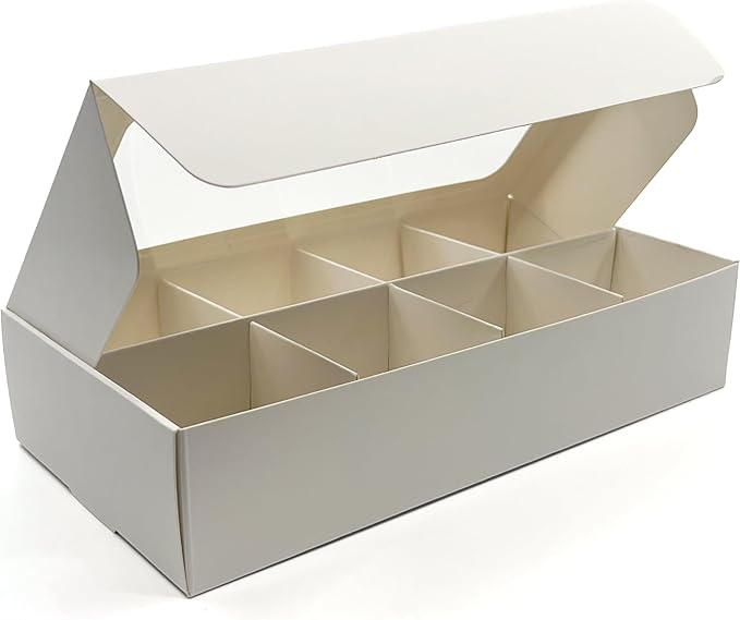 Treat boxes with window and dividers | 8 SMALL compartments | 8.75 x 4.5 x 1.9 in | Chocolate covered strawberries supplies, macaron boxes, baked goods packaging | 10-pack (White)