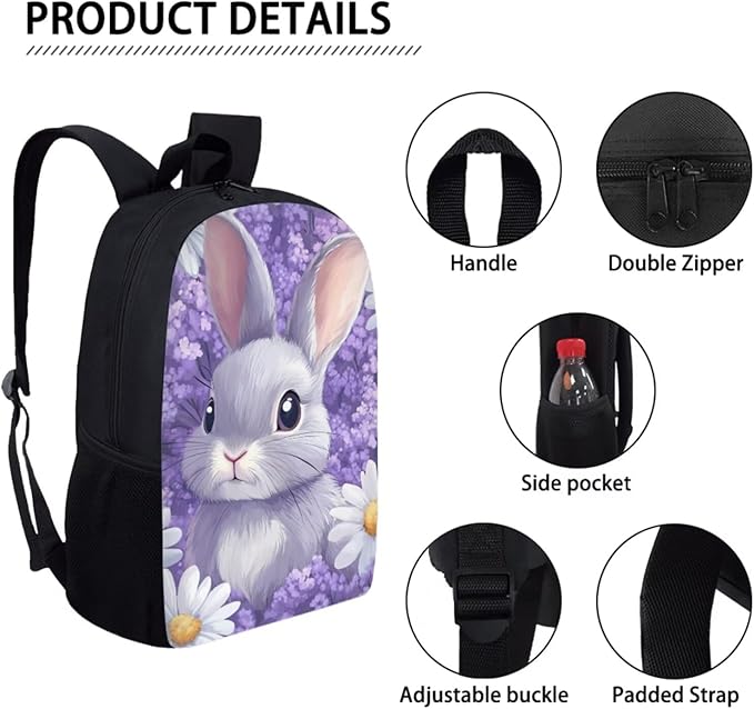 Dolyues Purple Flower Rabbit Girls' Backpack Set 17-Inch Lightweight Backpack, Double Compartment Lunch Bag & Organizer Pencil Case - Ages 5-10
