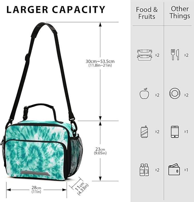 MNSRUU Lunch Bag Teal Turquoise Tie Dye Insulated Lunch Bag Women Lunch Totes Men Lunch Box with Adjustable Shoulder Strap Lunch Bag for Work Office School Picnic