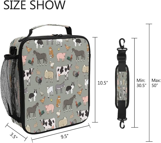 Nander Cartoon Farm Animals Lunch Box for Girls Kids Cooler Insulated Lunch Tote Bag with Shoulder Strap for School