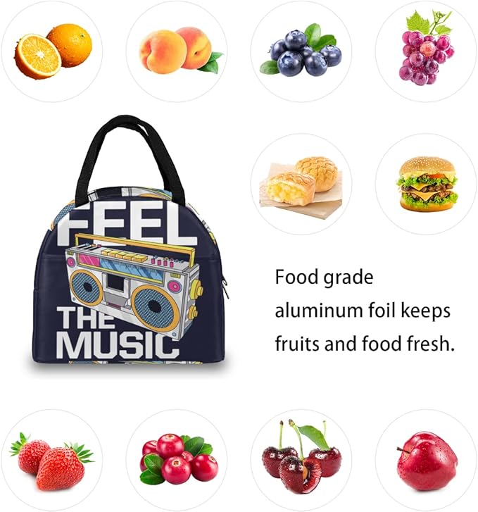 Insulated Lunch Bag for Women Men Retro Music Cartoon Boombox Waterproof Thermal Tote Bag Reusable Lunch Box Container Lunch Holder Leakproof Lunch Cooler Bag Picnic Travel Work